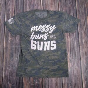 Shield Republic Shirt Womens Small Green Camo Messy Buns And Guns Graphic